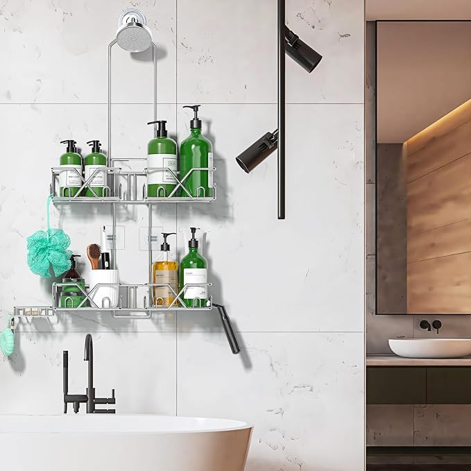 Sewulidon Stainless Steel Shower Caddy Hanging for Handheld Shower Heads,Rustproof Hose Shower Organizer Adjustable Length Shower Rack with 24 Hooks,Razor Holder,Soap Holder - Image 7