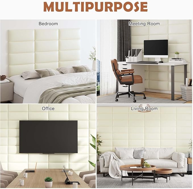 IFNOW Wall Mounted Upholstered Headboard Full, 3D Peel and Stick Soundproof Wall Panels, Reusable and Removable Padded Headboard Leather Bed, 6 Panels 9.84" x 23.62", Beige