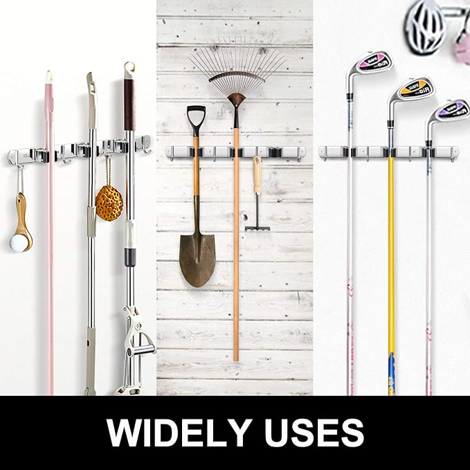 IMILLET Broom and Mop Holder Wall Mounted, Stainless Steel Broom Holder Mop Holder Self Adhesive Heavy Duty Hooks Storage Organizer for Home Laundry Room Garden Garage(3 Racks with 4 Hooks) - Image 7