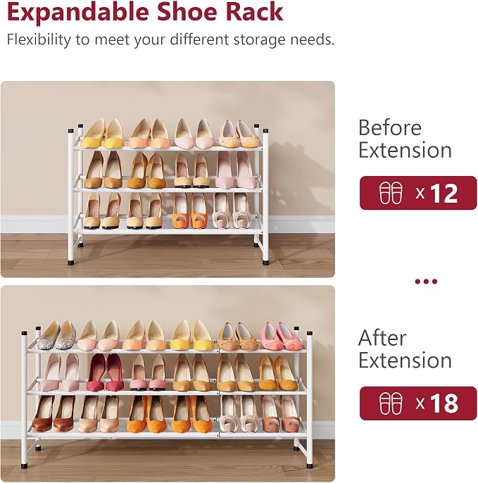 Tajsoon Expandable Shoe Rack for Closet 3 Tier, 28“-41“Adjustable & Stackable Shoe Shelf Storage, Metal Shoe Rack Organizer for Front Door Entrance, Closet, Garage, Entryway, White - Image 7