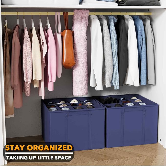 SpaceAid Shoe Organizer for Closet, 2 Pack Foldable Shoe Storage Containers Baskets Boxes Bins w/Adjustable Dividers, Fits 16-32 Pairs, Blue - Image 6