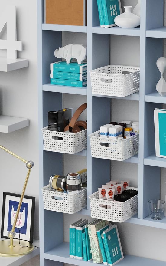 WYT 12-Pack Plastic Small Shelf Storage Weave Baskets for Organizing, White - Image 7