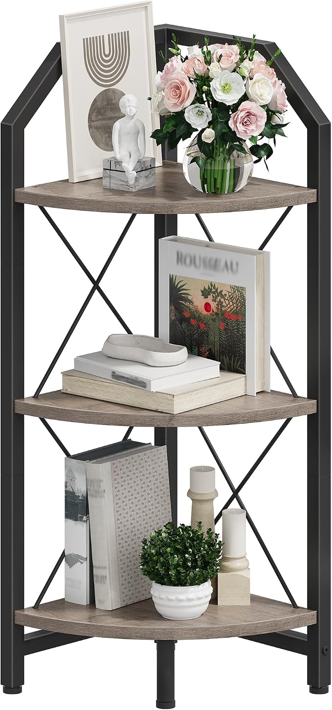 CHOEZON 3-Tier Corner Shelf, Industrial Corner Bookshelf, 35.4" Storage Stand, Plant Stand Display Shelf, Bookcase for Bedroom, Living Room, Home Office, Greige and Black TCJ03BG - Image 9