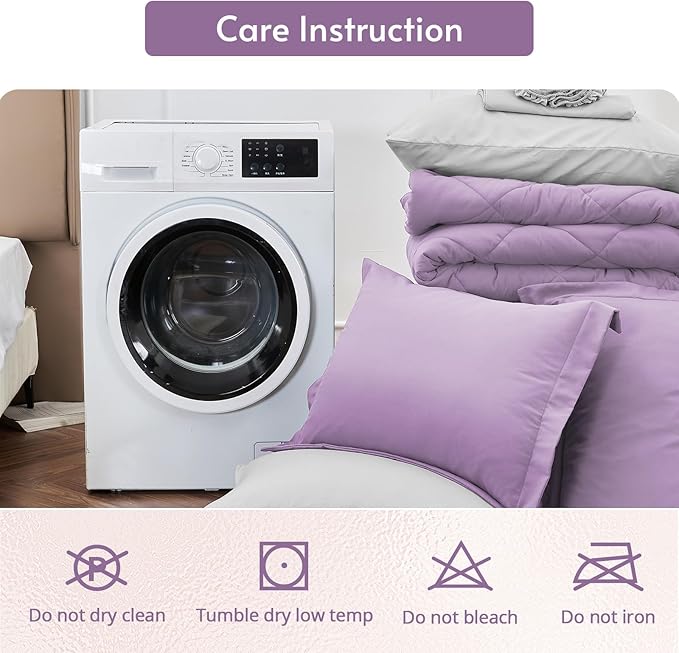 MUXHOMO 7 Pieces Full Comforter Set, Reversible Bed in a Bag Full Size, All Season Bedding Set with Comforter, Flat Sheet, Fitted Sheet, Pillowcases & Shams, Greyish Purple & Light Grey