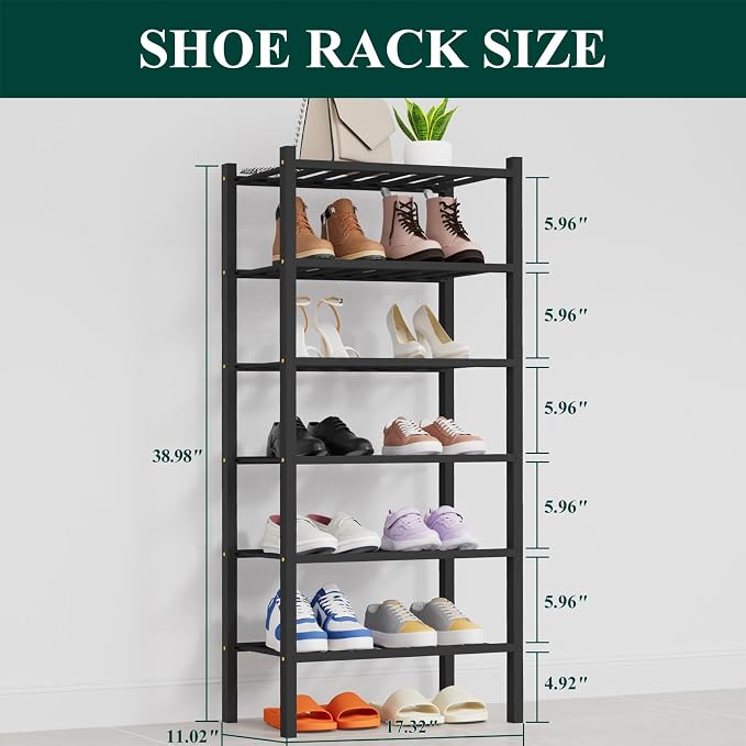 Smiry Shoe Rack, 6 Tier Thick Small Bamboo Shoe Organizer, Stackable Free Standing Wooden Shoe Storage Shelf for Closet, Entryway, Front Door Entrance, Black - Image 2