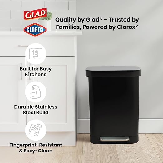 Glad Stainless Steel Step Trash Can, Series 2 with Clorox Protection - Large Black Kitchen Garbage Bin with Soft Close Lid, Foot Pedal and Waste Bag Roll Holder, 13 Gallon - Image 9