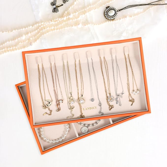 LANDICI Stackable Jewelry Organizer Trays 4 Set,PU Leather Jewelry Organizer Drawer,Jewelry Storage Display Tray for Earring Necklace Rings Bracelet with Removable Dividers,Orange - Image 7