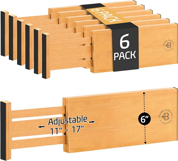 6-Pack Drawer Dividers - 6 Inches High, Adjustable 11 to 17 Inches Bamboo Drawer Organizers, Large Deep Expandable Separators for Clothes, Dresser, Bedroom, Bathroom, Baby , Office, Kitchen Utensils - Image 9