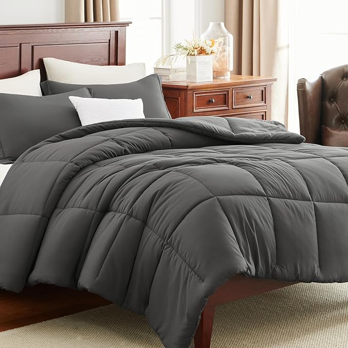 CozyLux Queen Comforter Set - Dark Grey Comforter Queen Size, 3 Pieces Box Stitched Bed Set for All Seasons, Soft Lightweight Bedding Sets with 1 Down Alternative Comforter and 2 Pillow Shams
