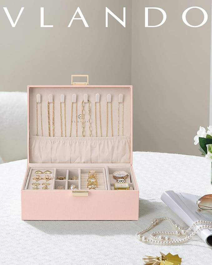 VLANDO 2 Layer Jewelry Box Large Jewelry Organizer for Mothers Day Mom Gifts Jewelery Tray with Watch Pillow for Necklace Earrings Rings Bracelets Jewelry Boxes for Holidays Gifts (Pink) - Image 9