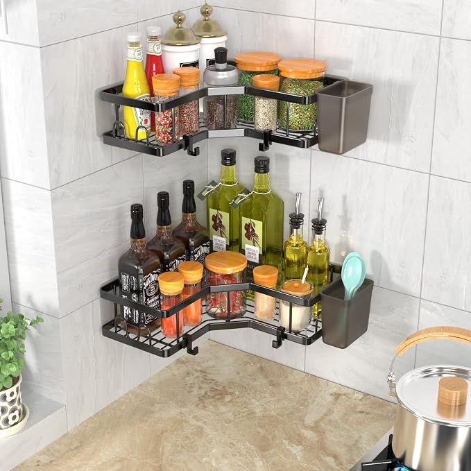 AKTECKE Corner Shower Caddy, 2 Pack Adhesive Shower Corner Organizer Shelves, No Drilling Stainless Steel Shower Storage Rack with Hooks&Toothpaste Holder for Bathroom Kitchen (for 90° Corners Only) - Image 7