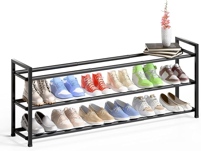Bumusty 3-Tier Long Expandable Shoe Rack for Closet, 18"-44" Adjustable Shoe Rack for Entryway, 15-18 Pairs Large Shoe Organizer Shelf Storage, Sturdy Metal, Black - Image 7