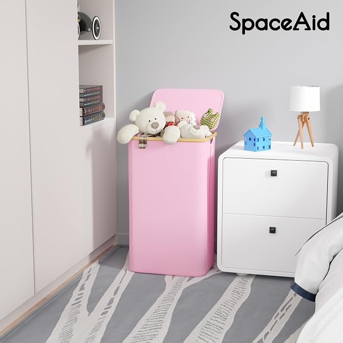 SpaceAid Laundry Hamper with Lid, 110L Large Tall Clothes Basket Bin with Bamboo Handles, Collapsible Laundry Hamper for Bedroom, Bathroom, Dorm, Laundry Room - Pink - Image 6