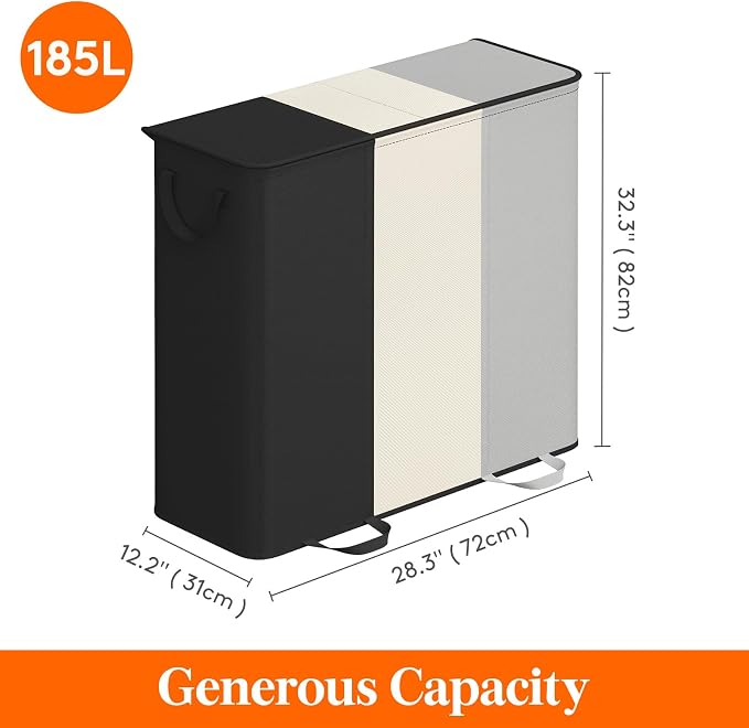 Lifewit Triple Laundry Hamper with Lid and Removable Laundry Bags, Large Collapsible 3 Dividers Dirty Clothes Basket with Handles for Bedroom Laundry Room Closet Bathroom College,185L Black&White&Gray - Image 6