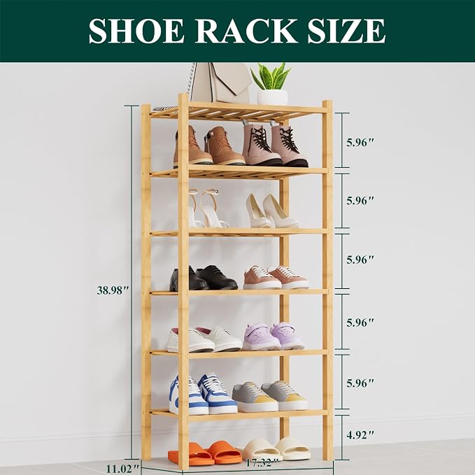 Smiry Shoe Rack, 6 Tier Thick Small Bamboo Shoe Organizer, Stackable Free Standing Wooden Shoe Storage Shelf for Closet, Entryway, Front Door Entrance, Natural - Image 2