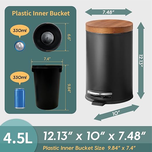 SunnyPoint Elite Bamboo Lid 4.5 Liter / 1.2 Gallon Round Trash Can with Plastic Inner Bucket; Bathroom, Office, Kitchen and Bedroom Step On and Slow Close (Black) - Image 5