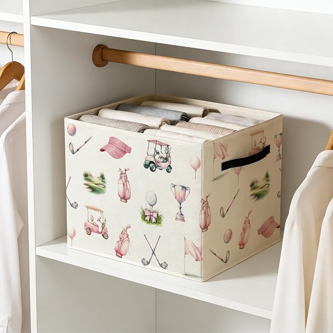 Pink Bow Golf Storage Bin Box with Handles, Golfers Golf Lovers Gifts Foldable Baskets Organizer for Girls Room Nursery Bathroom Home Sports Room Clothes Toys Books, Toybox for Girls - Image 6