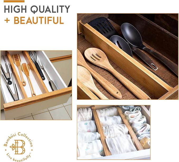 4-Pack Bamboo Drawer Dividers - 2.6 Inches High, Adjustable 12 to 17 Inches Expandable Drawer Organizer Dresser Separator for Clothes, Utensils, Bedroom, Bathroom, Kitchen, Office Storage Organization - Image 9