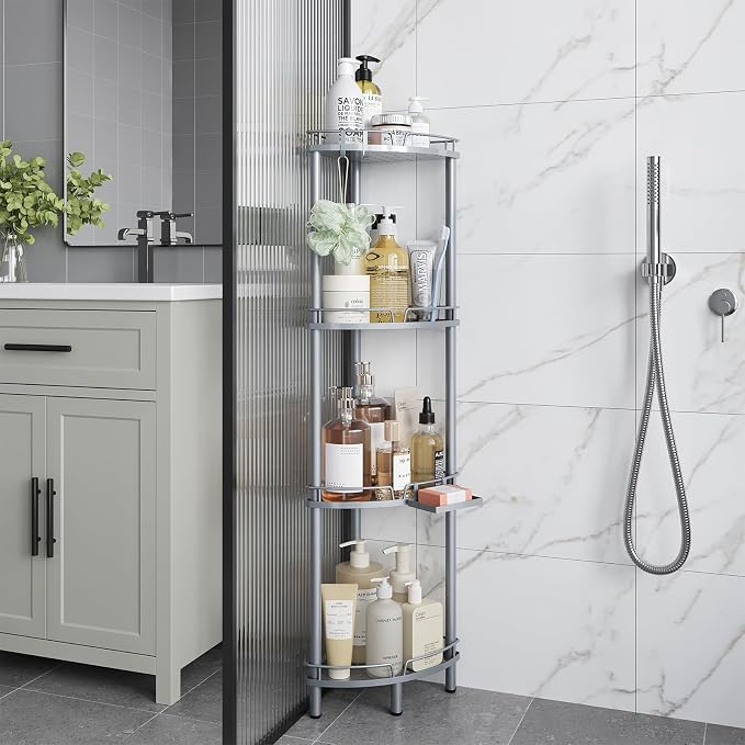 ELYKEN Corner Shower Caddy Standing, 4 Tier Rustproof Metal Shower Organizer with Soap Holder, Floor Shower Corner Shelf Rack Storage Stands with Adjustable Feet & 2 Hooks for Bathroom, Silver - Image 9