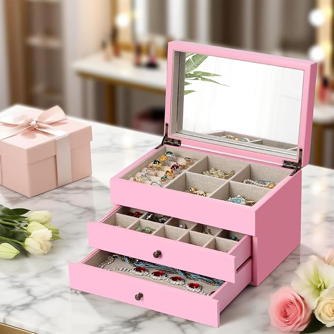 Meangood Jewelry Box Organizer for Women, 3 Layer Large Jewelry Storage Case, Rustic Wooden Jewelry Box with Mirror & Ring Tray for Necklace Earring Bracelets Rings, Vintage Style (Pink) - Image 8