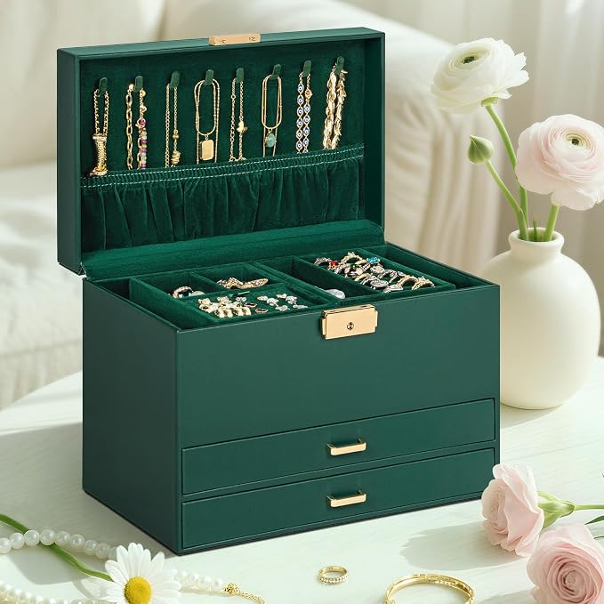 AKOZLIN Travel Jewelry Box Organizer Functional 2-trays Leather Jewelry Storage Case with Lockable Portable 2 Drawers for Women Girls Ring Necklace Earring Bracelet - Image 8