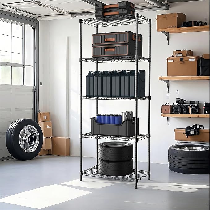 M MZG 1250 lbs 5 Tier Shelf Metal Storage Shelves Wire Rack Closet Organizers with Wheel for Garage Kitchen Bathroom Laundry Black 13.7" D x 23.6" W x 62.4" H - Image 7