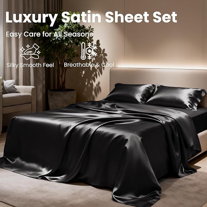 Love's cabin Satin King Sheet Sets - 4 Piece Black Silky Sheets King Size Bed Set with Deep Pocket, Luxury Silk Feel King Size Satin Sheet Set (1 Flat Sheet,1 Fitted Sheet,2 Pillow Cases)