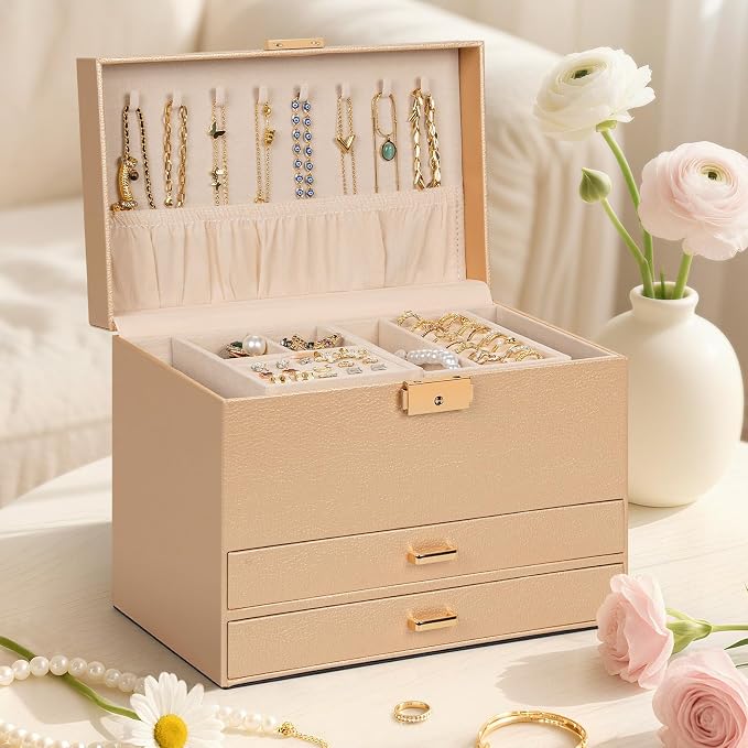 AKOZLIN Travel Jewelry Box Organizer Functional 2-trays Leather Jewelry Storage Case with Lockable Portable 2 Drawers for Women Girls Ring Necklace Earring Bracelet - Image 8
