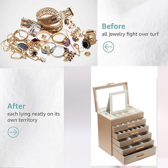 BOOVO Jewelry Boxes for Women, White and Black 6 Layer Large Jewelry Box for Necklace, Bracelet, Earrings, Rings Storage, Jewelry holder Organizer for Girls Gift (Gold, 6 layer) - Image 7