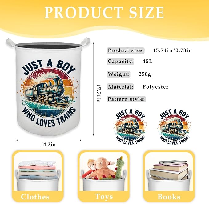 Just a Boy Who Loves Trains Laundry Basket, Toybox for Boys, Gifts for Train Lovers Enthusiasts Laundry Hamper Waterproof Collapsible Storage Bin Organizer for Bedroom Bathroom Dorm Clothes Toys - Image 7