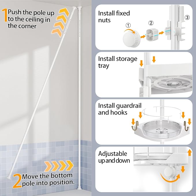 shuang qing 360° Rotating Corner Shower Caddy Tension Pole Organizer - 4-Tier Adjustable Rustproof Metal Pole, Plastic Shelves with Safety Guardrail, Bathroom Storage for Shower & Bathtub(White) - Image 9