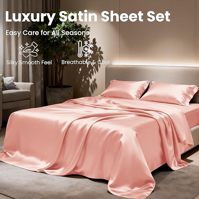 Love's cabin Satin Queen Sheets Set - 4 Piece Coral Silky Bed Sheets with Deep Pocket, Luxury Silk Feel Satin Queen Size Sheet Set (1 Flat Sheet,1 Fitted Sheet,2 Pillow Cases)