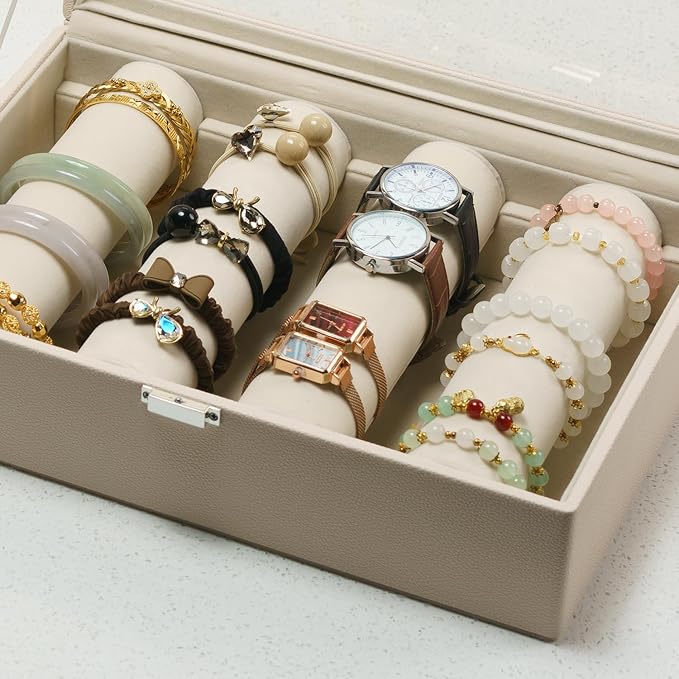 Bracelets Organizer Rods Bangles Display Holder, Clear See through Lid Leather Velvet Jewelry Storage Box Case for Women, 4 Rods Apricot Leather - Image 9