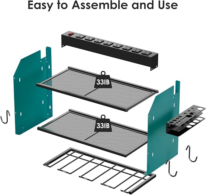 CCCEI Modular Power Tool Organizer Wall Mount with Charging Station. Garage Drill Storage Shelf with Hooks, Heavy Duty Rack, Tool Battery Holder Built in 8 Outlet. Gift for Men. Navy Blue, 2 Pack. - Image 7