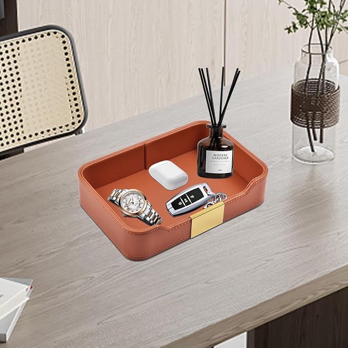 Luxury Leather Valet Tray Desktop Storage Organizer,Bedside Vanity Catchall Tray Nightstand Caddy Holder for Cosmetic,Jewelry,Watch,Keys,Phone,Wallet,Remote Controller,Pen,Orange - Image 7