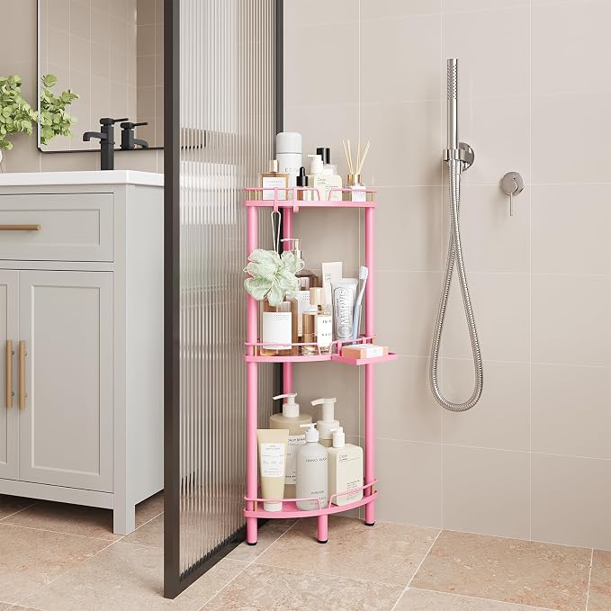 ELYKEN Corner Shower Caddy Standing, 3 Tier Rustproof Metal Shower Organizer with Soap Holder, Floor Shower Corner Shelf Rack Storage Stands with Adjustable Feet & 2 Hooks for Bathroom, Pink - Image 9