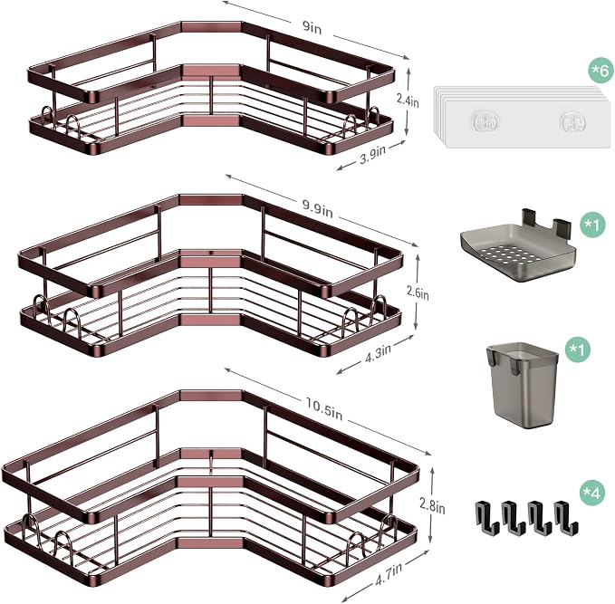 AKTECKE Corner Shower Caddy Organizer Shelf: Adhesive No Drilling Shower Rack Bathtub Shelves - 3Pack Rustproof Bathroom Shower Shelf - Image 6