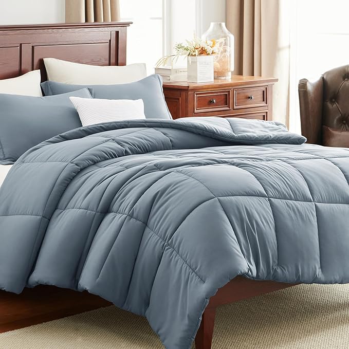 CozyLux King Comforter Set - Grayish Blue Comforter King Size, 3 Pieces Box Stitched Bed Set for All Seasons, Soft Lightweight Bedding Sets with 1 Down Alternative Comforter and 2 Pillow Shams