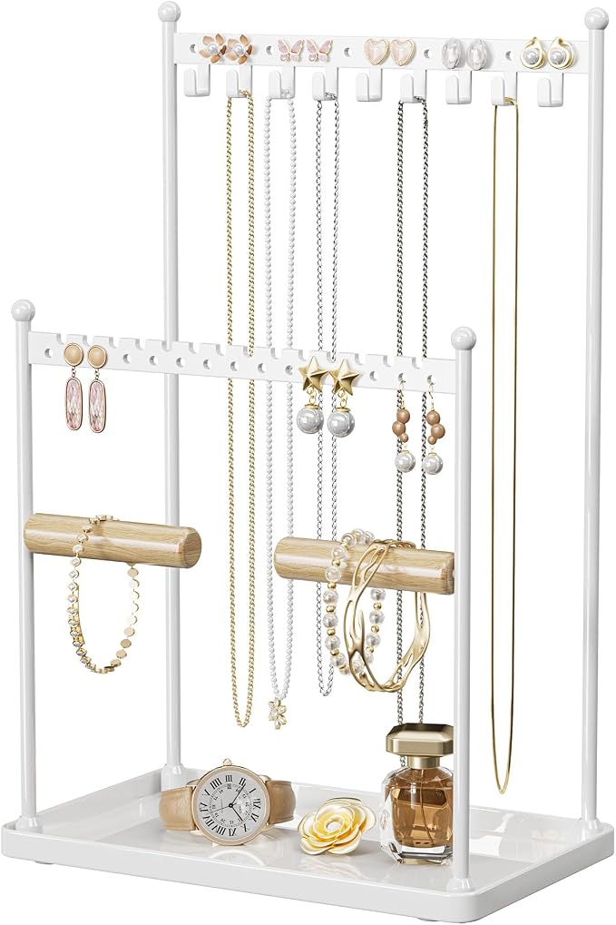 3 Tier white Jewelry Stand, Necklace Organizer, Earring Holder with 44 Holes and 9 Hooks, for Necklaces, Bracelets, Rings - Image 8