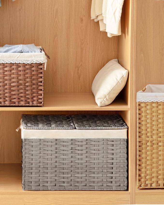 SETVSON Storage Basket with Lid Wicker Baskets for Storage with 2 Separate Lid 42.3 Gallon (160 L) 29.9 x 17.3 x 18.1 Inches Rattan Woven Large Wicker Basket with 2 Liners for Bedroom Laundry Gray - Image 7