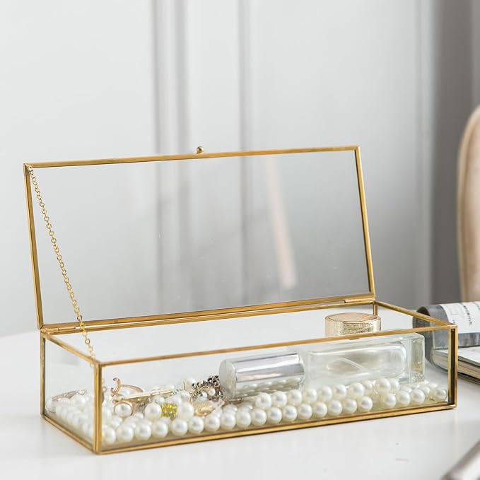 Glass Jewelry Box, Vintage Rectangle Gold Keepsake Box Organizer Box Vanity Lidded Box Home Decor Accent Decorative Box for Storage Trinket Rings Bracelet - Image 7