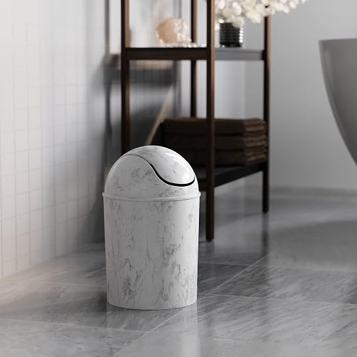 Umbra 1.25 Gallon Mini Waste Can with Removable Swing-Top Lid - Small Garbage Bin for Kitchen, Bathroom, Bedroom, Office - Compact Trash Can Fit Under Tables & Counters - White Marble - Image 5