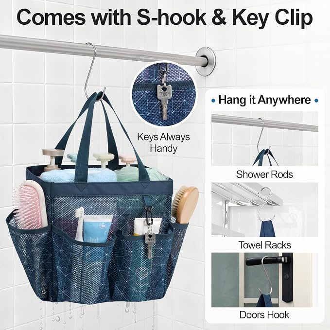 F-color Mesh Shower Caddy Portable, Upgrade Deeper 7 Pockets Shower Bag Basket Tote for College Dorm Room Toiletry Bathroom Essentials Gym Camp Quick Dry 2 handles with S Hook, Starlight Navy - Image 7