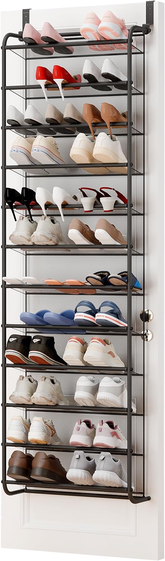Whitmor 36 Pair Over The Door Shoe Organizer, 12 Tier Hanging Shoe Organizer, Heavy Duty Metal & Mesh Shoe Holder, Hanging Shoe Rack for Closet Organizer, 69"L x 21.7"W x 7.5"H, Matt Gunmetal - Image 7
