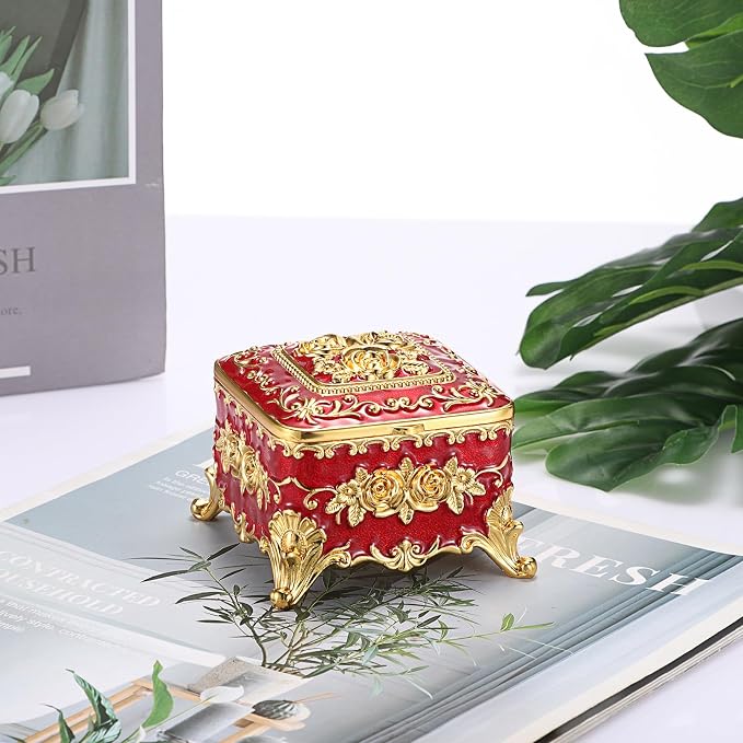 Hipiwe Vintage Metal Jewelry Box - Small Trinket Organizer Ring Box Case with Rose Pattern Jewelry Storage Box for Ring Earrings Necklace, Keepsake Box for Women,Red - Image 9