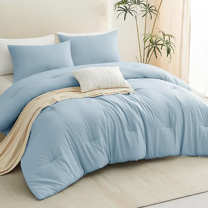 CozyLux Queen Comforter Set Light Blue, 3 Pieces Solid Comforters Queen Size Breathable Bedding Sets, Luxury Soft Lightweight Bed Set with Down Alternative Comforter and 2 Pillowcases for All Seasons