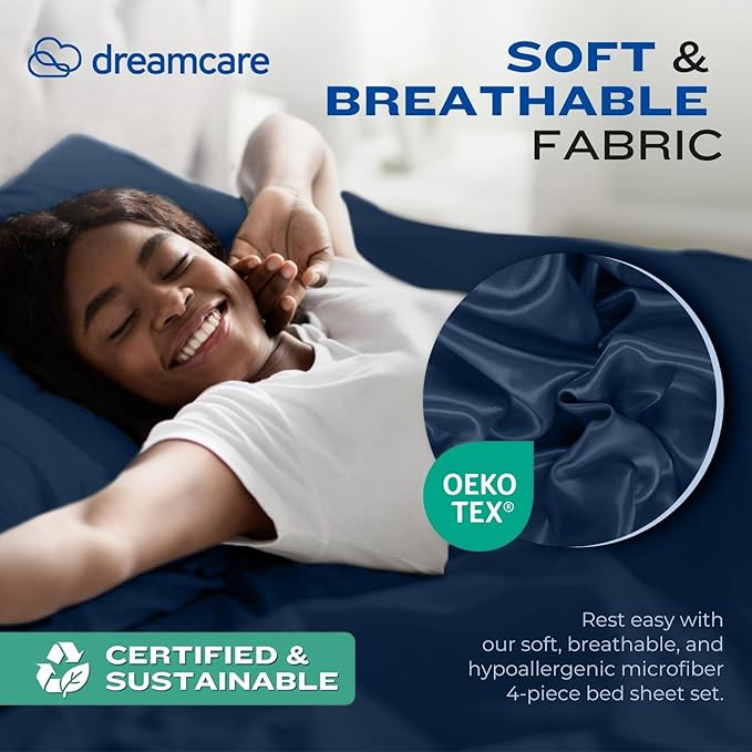DREAMCARE Twin XL Sheet Sets - 4 pcs Breathable Cooling Bed Sheets - up to 15" Deep Pocket Twin XL Sheets Set with Side Pockets - Extra Soft 100% Brushed Hypoallergenic Hotel Luxury Bedding- Navy Blue