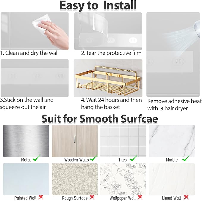 Liuoud 10 Pack Shower Caddy Organizer Rack Shelf for Inside Shower, Self Adhesive Wall Storage Basket Rustproof Stainless Steel Shampoo Holder Bathroom Accessory Decor Set, Gold - Image 7