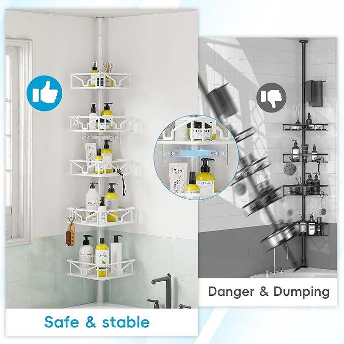 Skycarper 5 Tier Adjustable Corner Shower Caddy Organizer with Hooks,Rustproof Tension Pole 62-116 Inch,White - Image 7