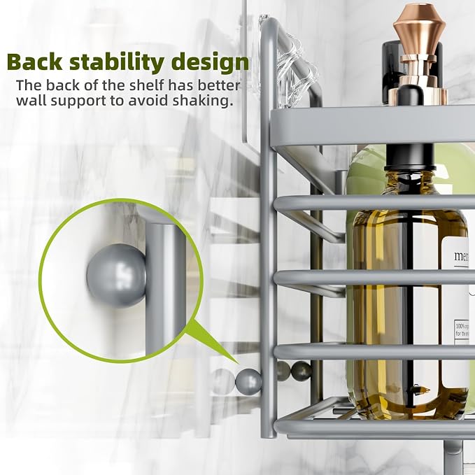 Yougai Shower Caddy, Shower Organizer with Soap Holder and Hooks, Rustproof Shower Shelves, No Drilling Bathroom Organizers and Storage, Wall-Mounted Kitchen & Home Decor, Light Grey - Image 6
